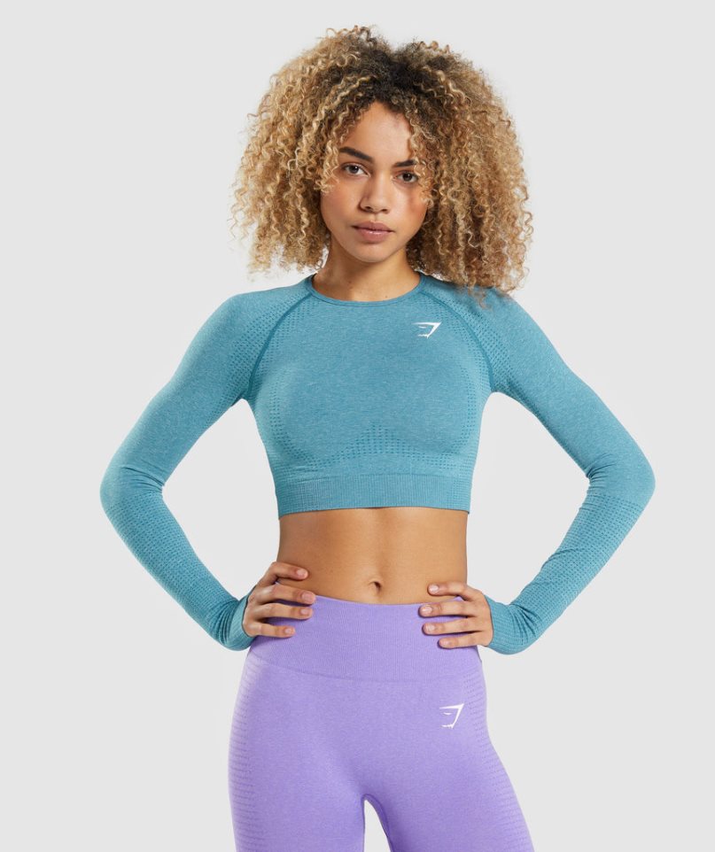 Women\'s Gymshark Vital Seamless 2.0 Long Sleeve Cropped Tops Turquoise | NZ 4YCEZP